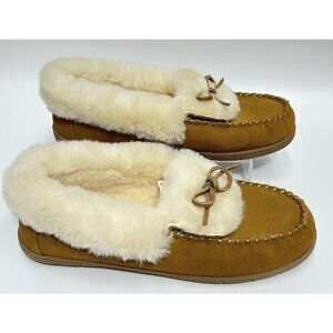 Lands' End Womens Moccasin Slippers Fluffy Lined Inddor Outdoor Sz 10 Brown EUC